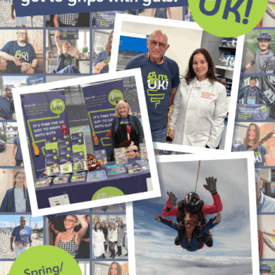 Front cover of Guts UK's Spring/Summer 2025 magazine with a collage of supporter photographs, Guts UK logo and the words 'It's time to get to grips with guts.'