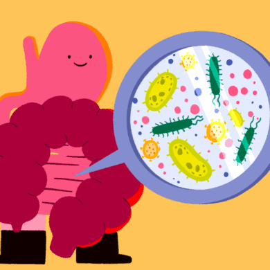 An illustrated character of a gut with a microscopic view of the bacteria inside the gut.