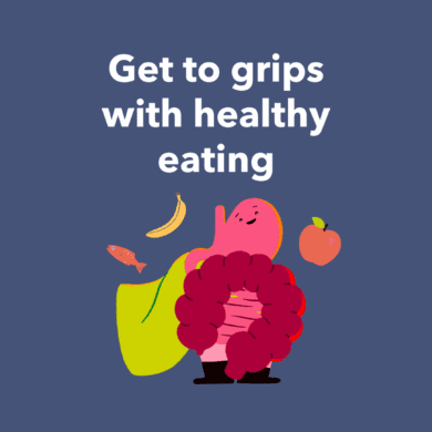 Guts UK's brand illustration character of the gut, smiling proudly, wearing a cape. There is also a red apple, red fish and a yellow banana around the gut.